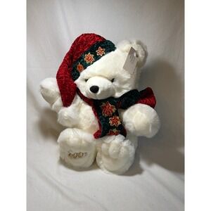 Vintage Kmart 2001 Christmas Teddy Bear White Plush Poinsettia Hat Scarf NWT